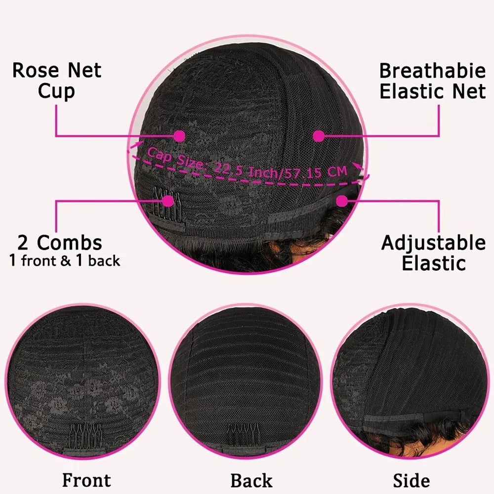 Short Brown Mixed Golden Highlights Human Hair Full Machine-Made Pixie Cut Wig for Black Women