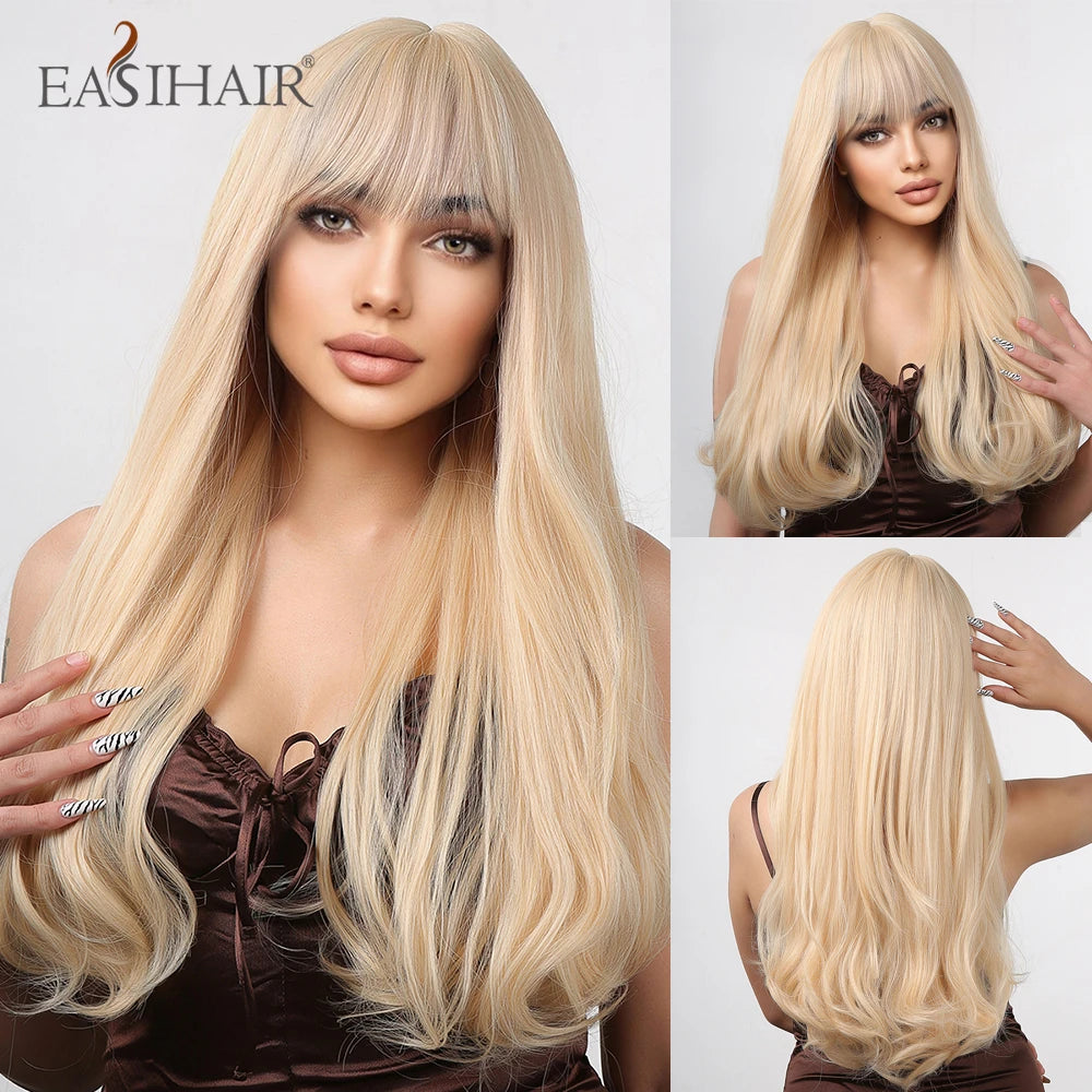 EASIHAIR Sandy Blonde Golden Wavy Synthetic Wigs with Long Hair Wigs for Women Natural Heat Resistant