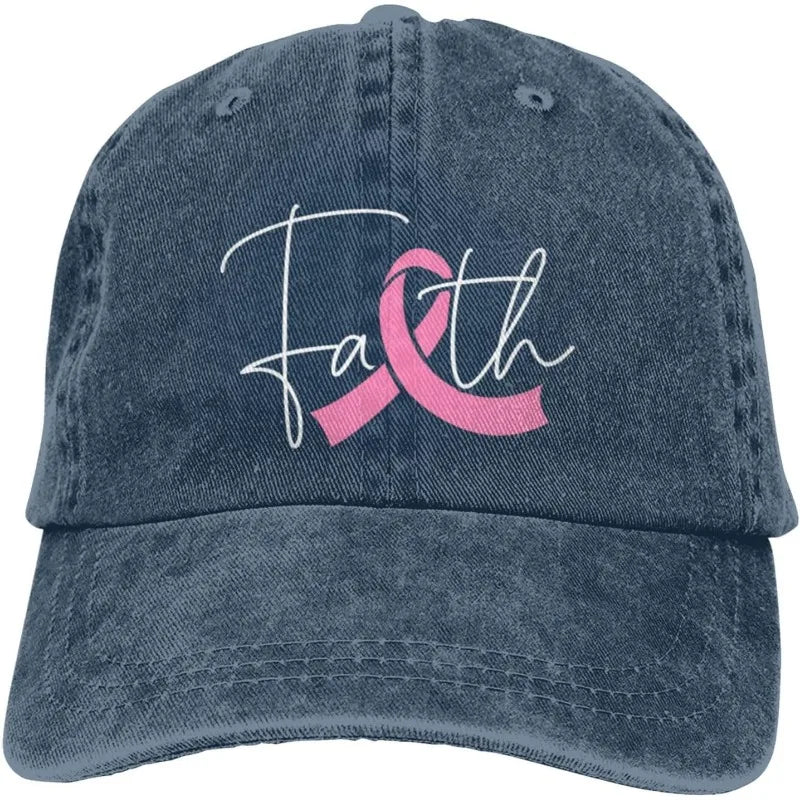 Faith Breast Cancer Awareness Ribbon Denim Washed Baseball Cap Casual Adjustable Adult Hat