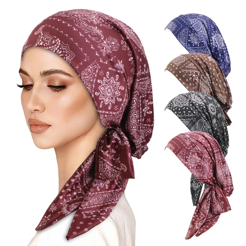 Cap Elastic Print Flower Pre-Tied Long Tail Headscarf Wrap Chemo Bonnet or Band