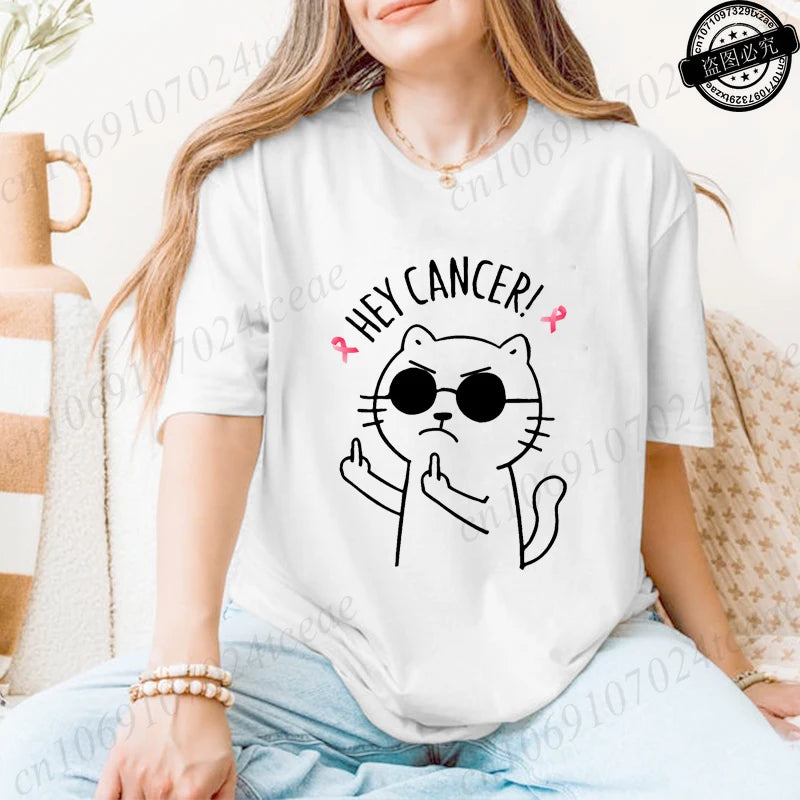 "Hey Cancer" Survivor T-Shirts, Cancer Warrior Shirt, Kitten Awareness Month Tee, Cancer Fighter Gift Shirt for Women Clothing
