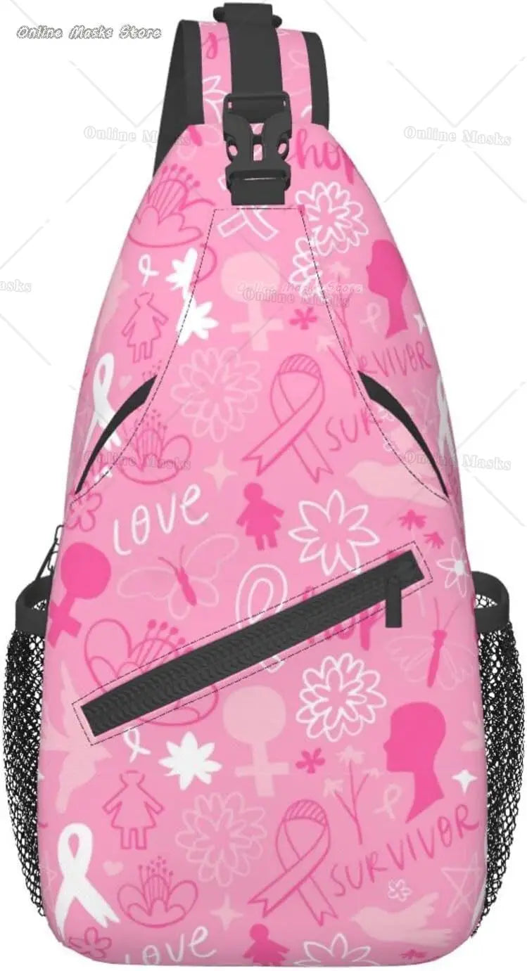 Breast Cancer Pink Awareness Ribbon Sling Bag for Women Girls Shoulder Backpack Chest Bags Crossbody Daypack for Hiking Camping