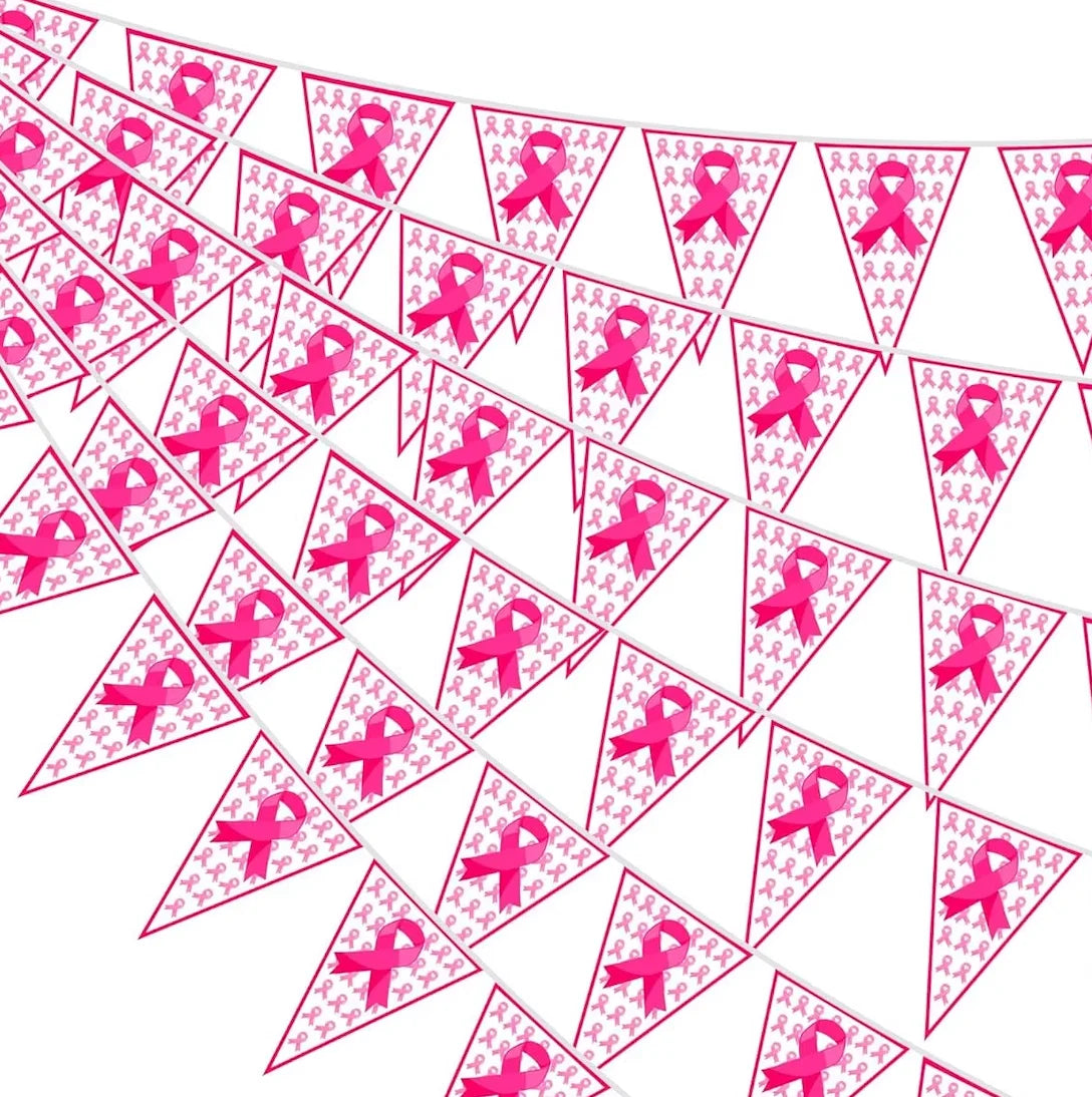 100FT Pink Ribbon Banner-60 PCS Breast Cancer Awareness Pennant Flags to Celebrate someone,  Pre-assembled Decor for Outdoor Indoor Party Wall