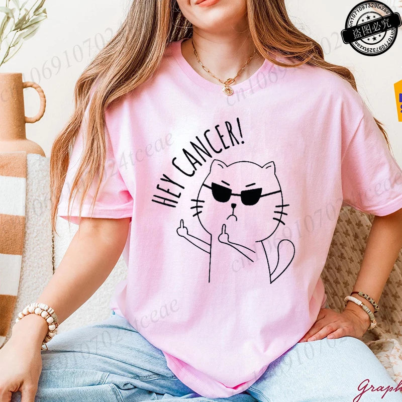 "Hey Cancer" Survivor T-Shirts, Cancer Warrior Shirt, Kitten Awareness Month Tee, Cancer Fighter Gift Shirt for Women Clothing