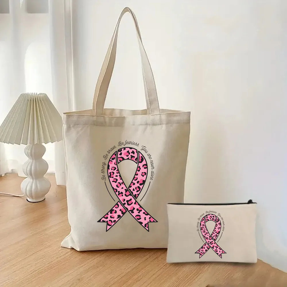 October Pink Breast Cancer Awareness Pattern Bag Set, Lightweight Large Capacity Tote Bag, Party Gift Handbag for Girls