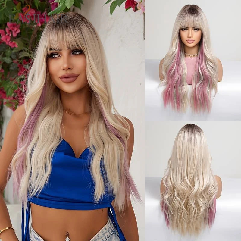 EASIHAIR Sandy Blonde Golden Wavy Synthetic Wigs with Long Hair Wigs for Women Natural Heat Resistant
