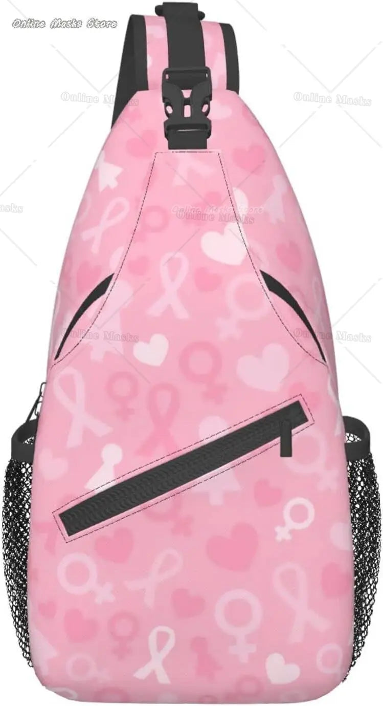 Breast Cancer Pink Awareness Ribbon Sling Bag for Women Girls Shoulder Backpack Chest Bags Crossbody Daypack for Hiking Camping