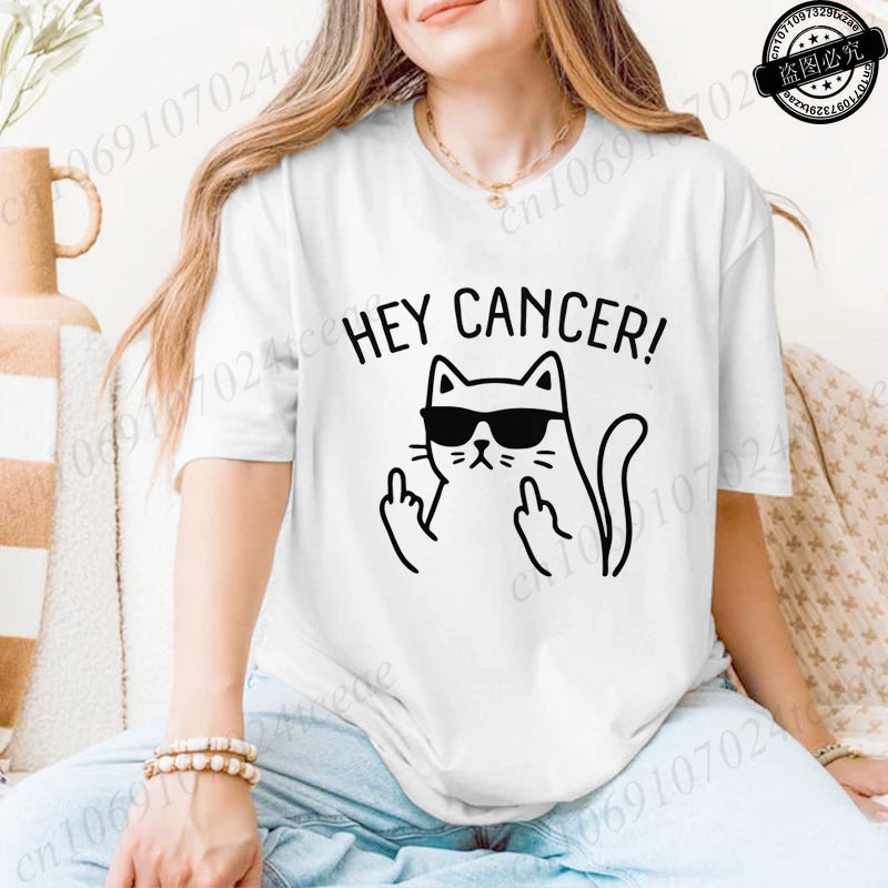 "Hey Cancer" Survivor T-Shirts, Cancer Warrior Shirt, Kitten Awareness Month Tee, Cancer Fighter Gift Shirt for Women Clothing