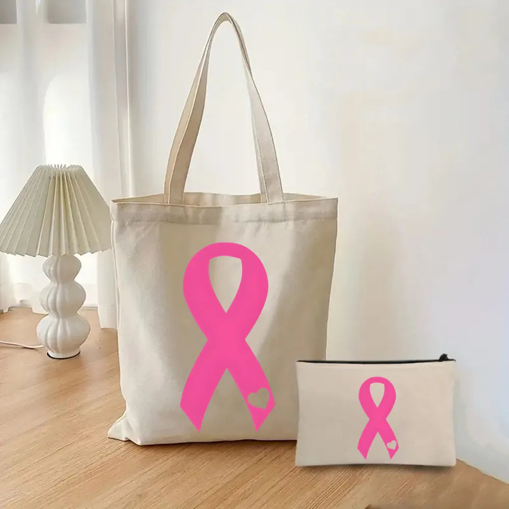 October Pink Breast Cancer Awareness Pattern Bag Set, Lightweight Large Capacity Tote Bag, Party Gift Handbag for Girls