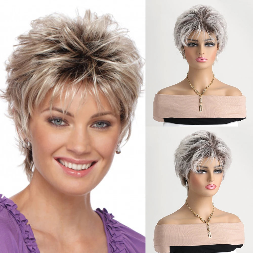 Short Natural Wigs with Bangs Soft Mommy Hair Daily Use Short  Grey Ombre Curly Synthetic Hair Costume Party Wig for Women