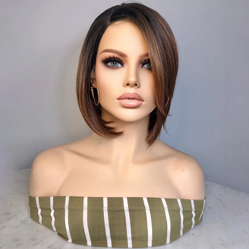 Synthetic Lace Front Wig L Part Straight Short Bob Ombre Rachel Brown Colored Soft Hair Wigs For Women Right Side Part