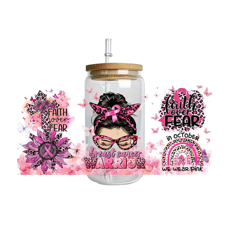 Pink Ribbon Affirmation Cup Wraps Decals for 16oz Libbey Glass Breast Cancer Awareness 3D Transfer Stickers UV DTF Cup Wraps