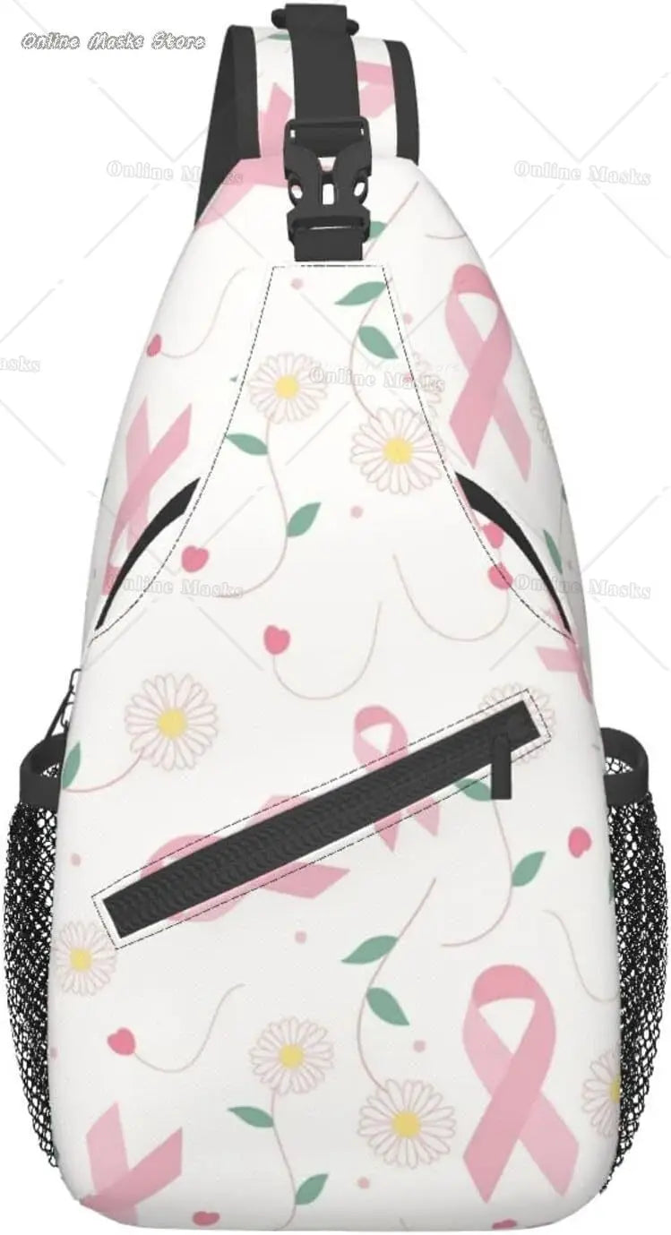 Breast Cancer Pink Awareness Ribbon Sling Bag for Women Girls Shoulder Backpack Chest Bags Crossbody Daypack for Hiking Camping