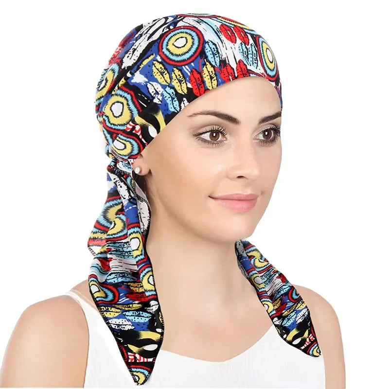 Women Soft Head Scarf Headbands Pre-Tied Head Scarf Printed Ladies Cotton Chemo Cap  Hair Accessories