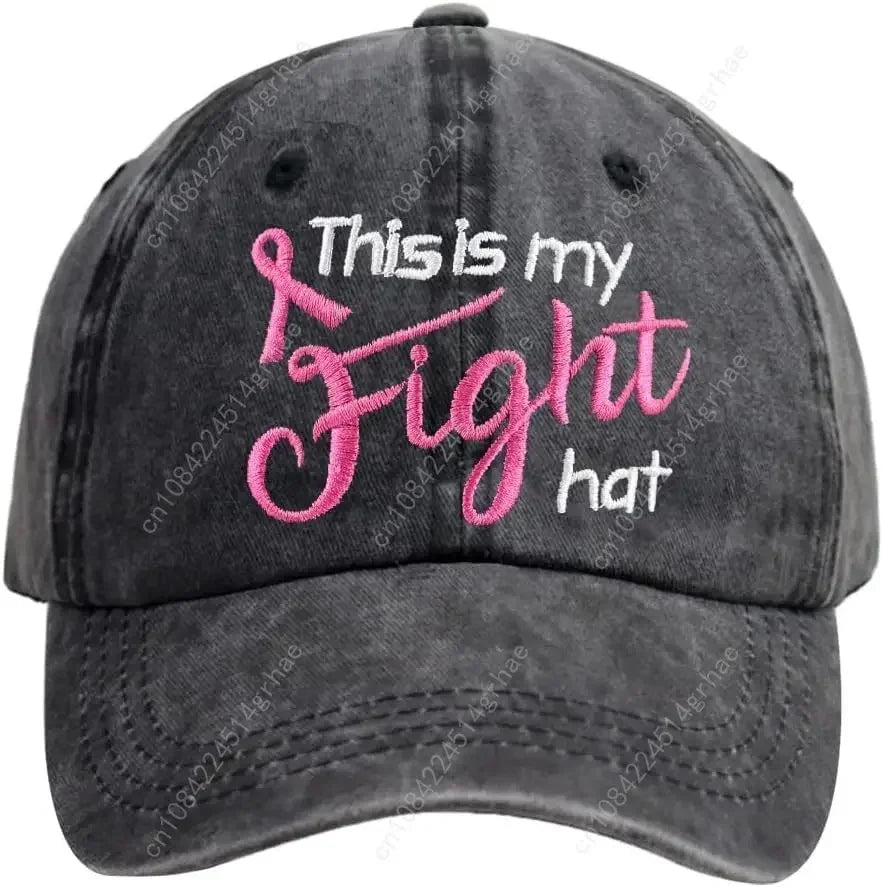 This is My Fight Hat, Distressed Cotton Adjustable Embroidered Pink Ribbon Breast Cancer Baseball Cap