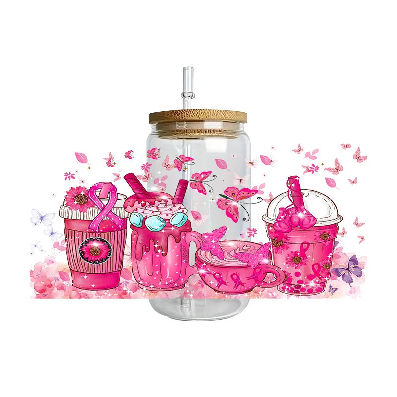 Pink Ribbon Affirmation Cup Wraps Decals for 16oz Libbey Glass Breast Cancer Awareness 3D Transfer Stickers UV DTF Cup Wraps