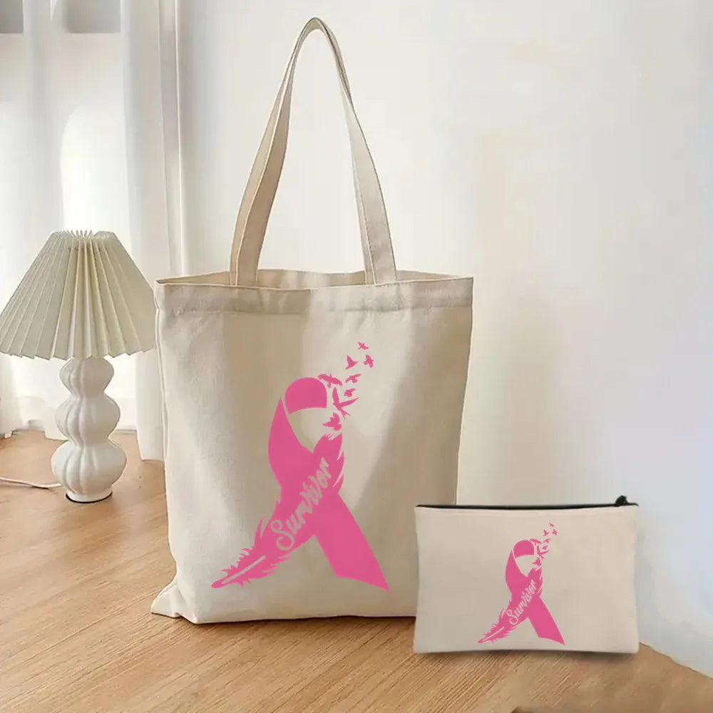 October Pink Breast Cancer Awareness Pattern Bag Set, Lightweight Large Capacity Tote Bag, Party Gift Handbag for Girls