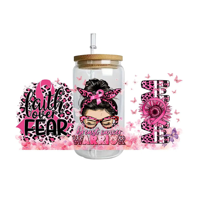 Pink Ribbon Affirmation Cup Wraps Decals for 16oz Libbey Glass Breast Cancer Awareness 3D Transfer Stickers UV DTF Cup Wraps