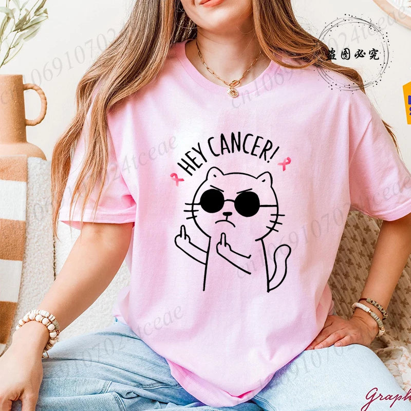 "Hey Cancer" Survivor T-Shirts, Cancer Warrior Shirt, Kitten Awareness Month Tee, Cancer Fighter Gift Shirt for Women Clothing