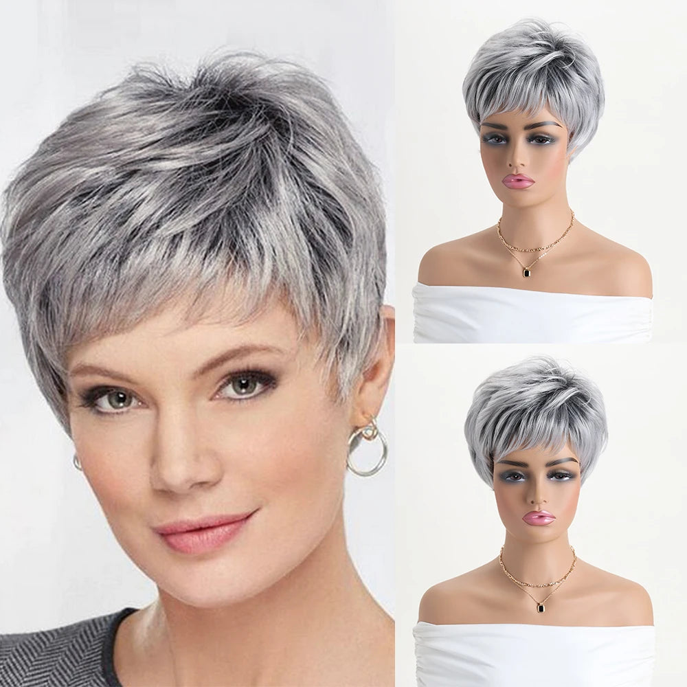 Short Natural Wigs with Bangs Soft Mommy Hair Daily Use Short  Grey Ombre Curly Synthetic Hair Costume Party Wig for Women