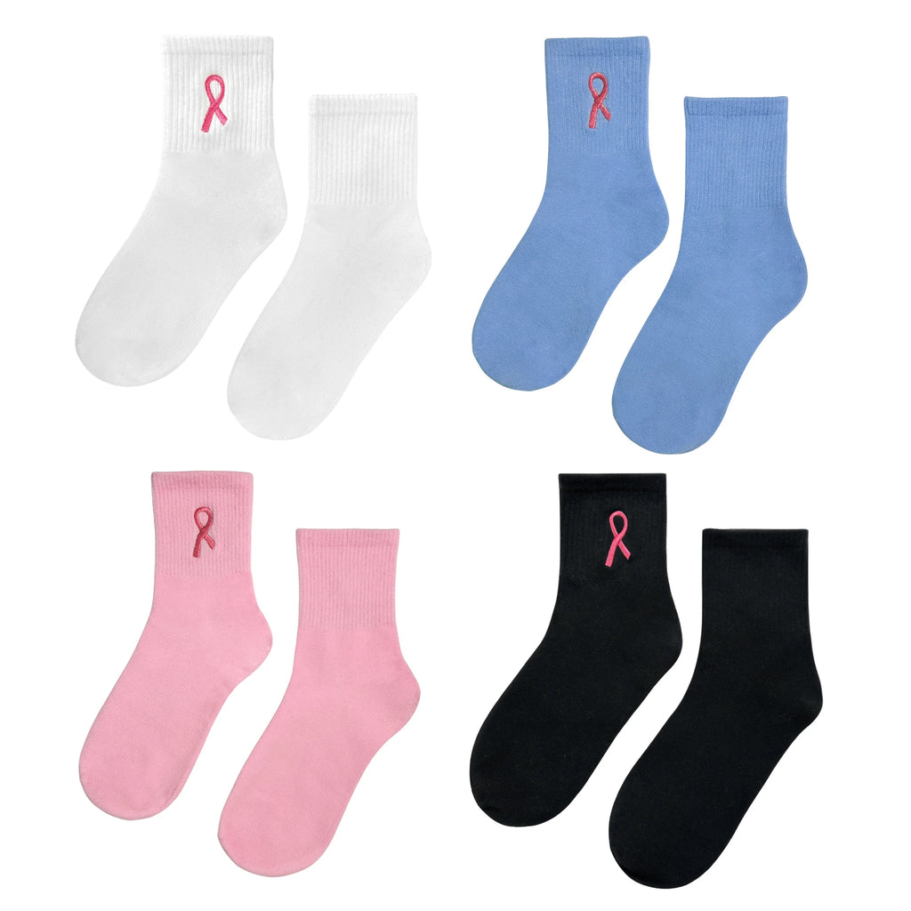 Ribbon Embroidered Breast Cancer Awareness Socks, Cozy Soft Crew Socks, Great Gifts For Ladies, Youth, Sports Clubs & Family
