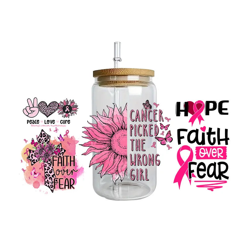 Pink Ribbon Affirmation Cup Wraps Decals for 16oz Libbey Glass Breast Cancer Awareness 3D Transfer Stickers UV DTF Cup Wraps