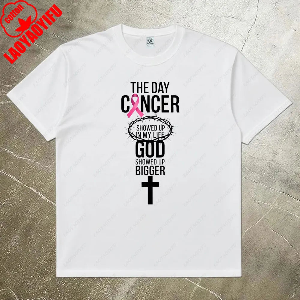 Breast Cancer Awareness Month Women Shirt Breast Cancer Awareness God Showed Up Bigger Christian Quote for T-Shirts Tops
