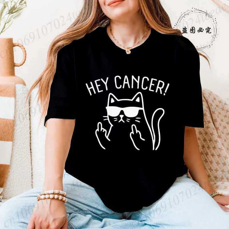 "Hey Cancer" Survivor T-Shirts, Cancer Warrior Shirt, Kitten Awareness Month Tee, Cancer Fighter Gift Shirt for Women Clothing