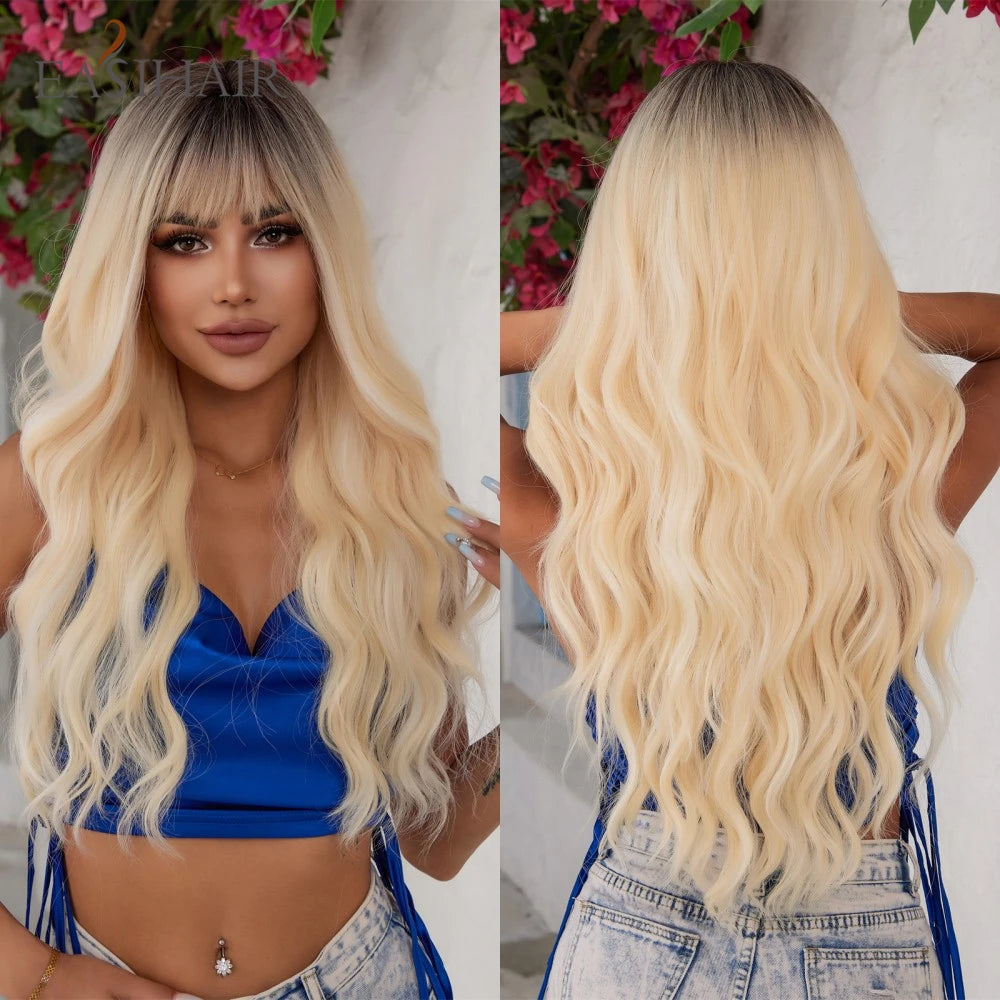 EASIHAIR Sandy Blonde Golden Wavy Synthetic Wigs with Long Hair Wigs for Women Natural Heat Resistant