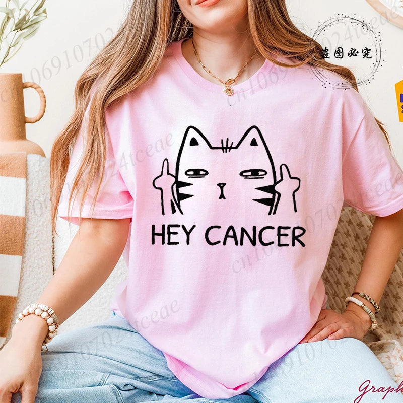 "Hey Cancer" Survivor T-Shirts, Cancer Warrior Shirt, Kitten Awareness Month Tee, Cancer Fighter Gift Shirt for Women Clothing