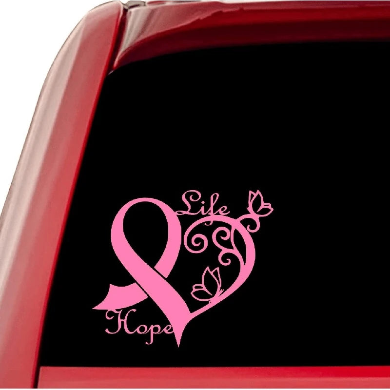 Pink Cancer Awareness Ribbon Heart Butterfly Vine Decal, Hope Life Sticker for Laptop, Water Bottle, Phone, Car & Motorcycle