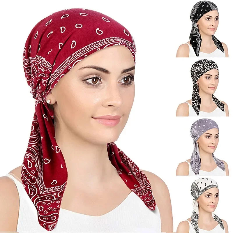 Women Soft Head Scarf Headbands Pre-Tied Head Scarf Printed Ladies Cotton Chemo Cap  Hair Accessories