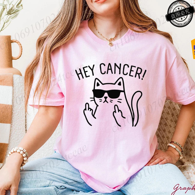 "Hey Cancer" Survivor T-Shirts, Cancer Warrior Shirt, Kitten Awareness Month Tee, Cancer Fighter Gift Shirt for Women Clothing