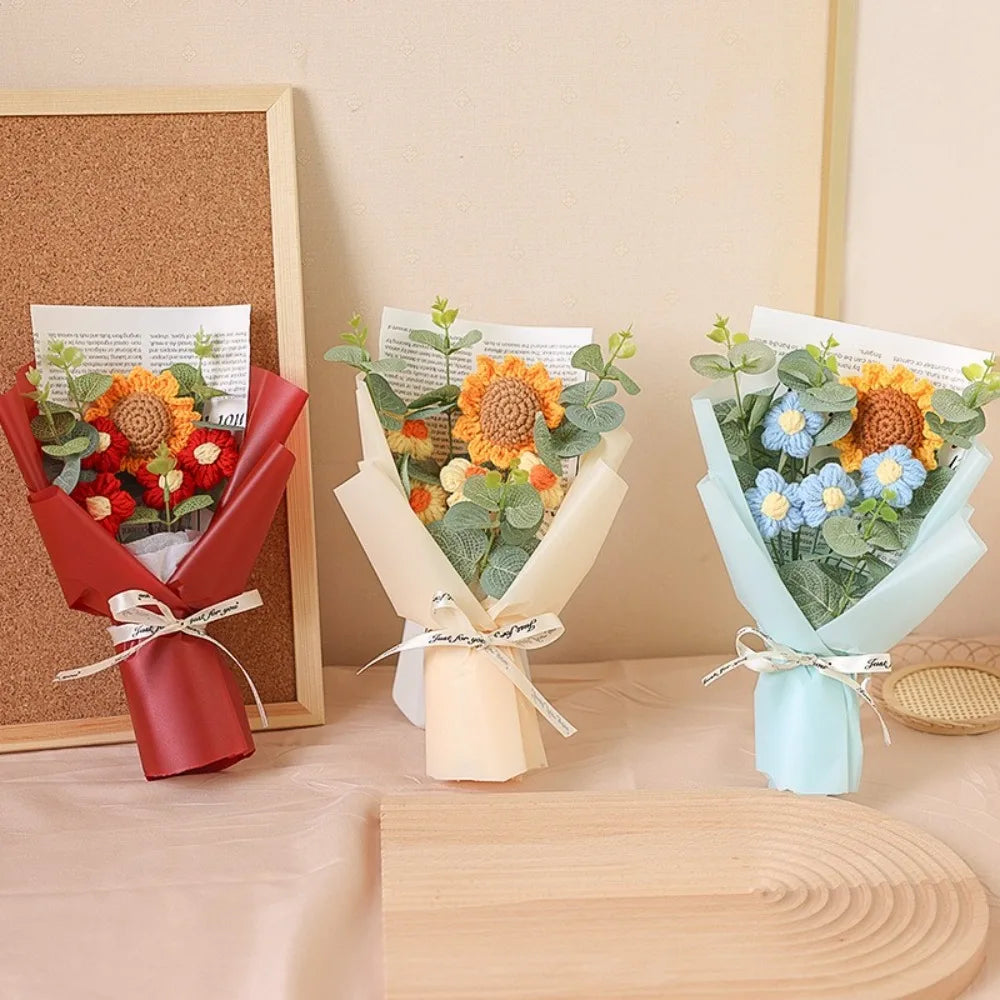 Handmade Eternal Flower Sunflower Daisy Bouquet Artificial Flower Crochet Bouquet Anniversary Mothers Day Valentine's Day Gift