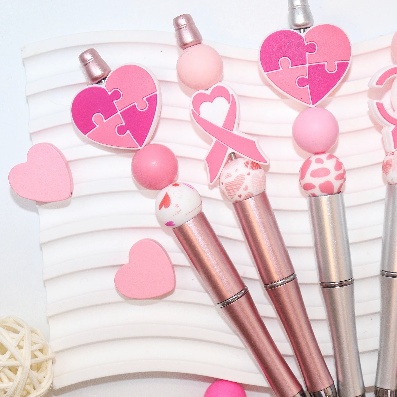 6PCS New Pink Ribbon Love Breast Cancer Awareness Theme Beaded Ballpoint Pen And Silicone Bead Set, Office &School Supply
