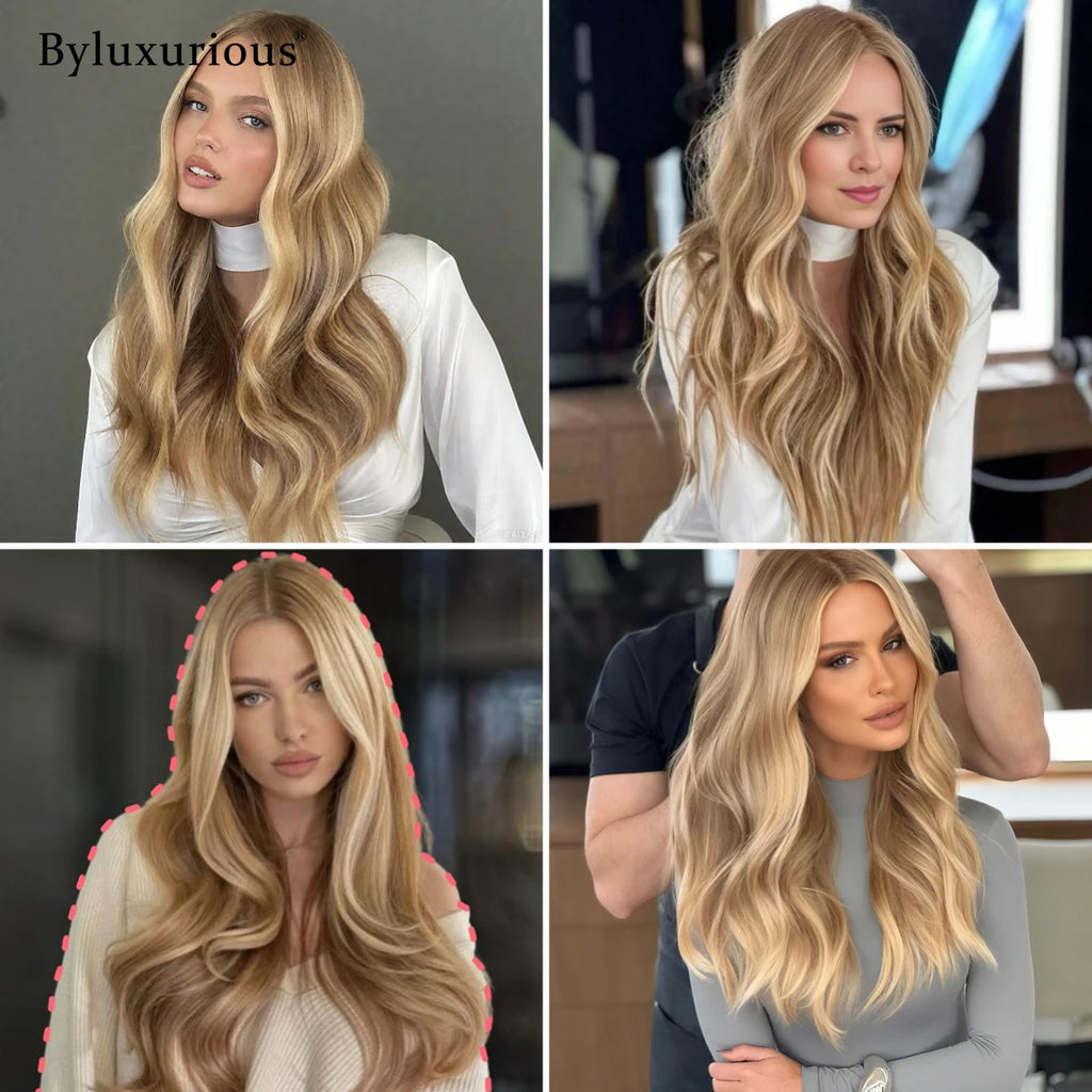 Byluxurious Highlight Misty Moon Gilded Balayage 100% Virgin Hair Wig 190% Density Beachy Waves 13x4 Upgrade Nude Color Lace Wig