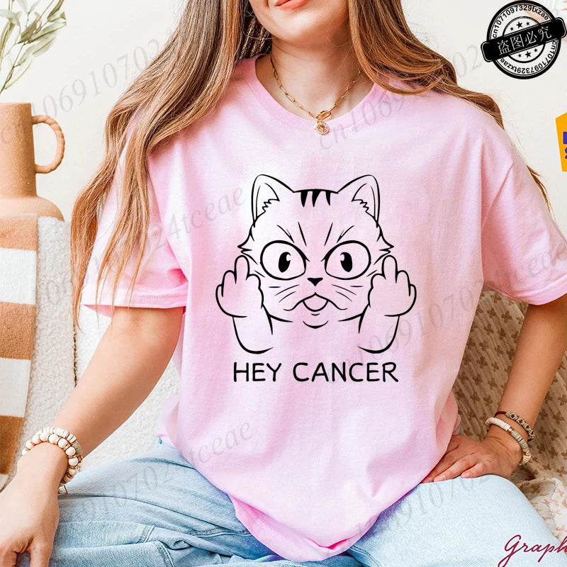 "Hey Cancer" Survivor T-Shirts, Cancer Warrior Shirt, Kitten Awareness Month Tee, Cancer Fighter Gift Shirt for Women Clothing