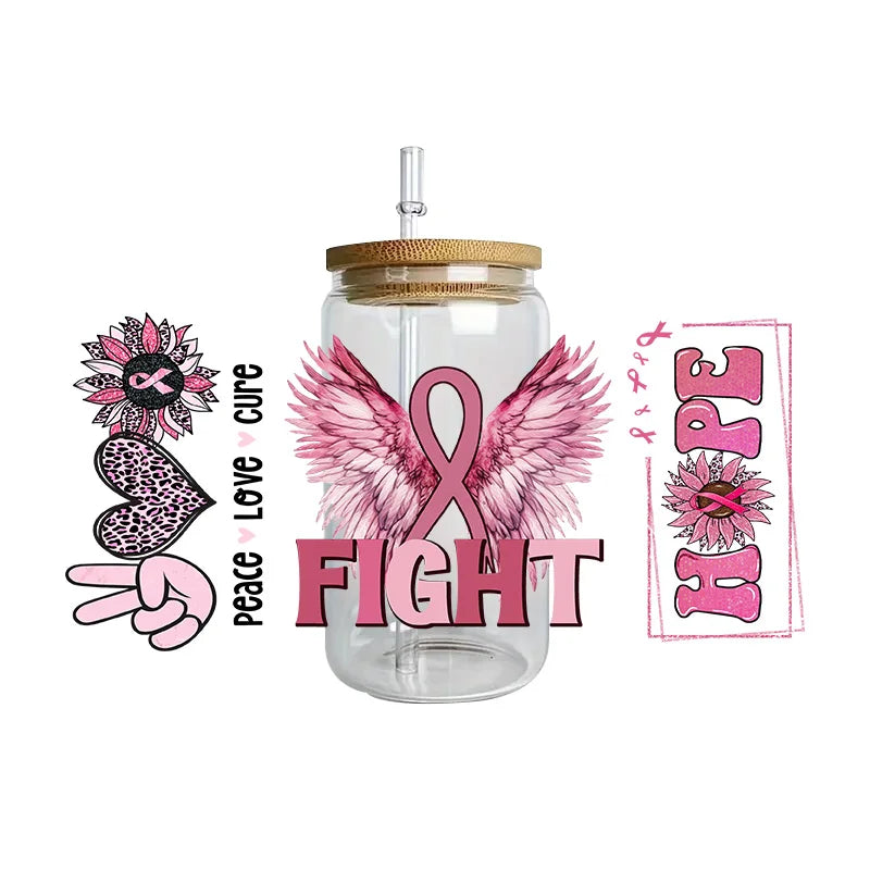 Pink Ribbon Affirmation Cup Wraps Decals for 16oz Libbey Glass Breast Cancer Awareness 3D Transfer Stickers UV DTF Cup Wraps