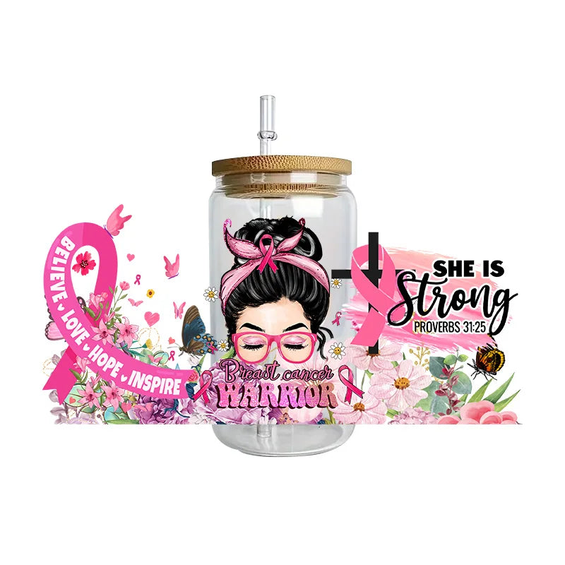 Pink Ribbon Affirmation Cup Wraps Decals for 16oz Libbey Glass Breast Cancer Awareness 3D Transfer Stickers UV DTF Cup Wraps