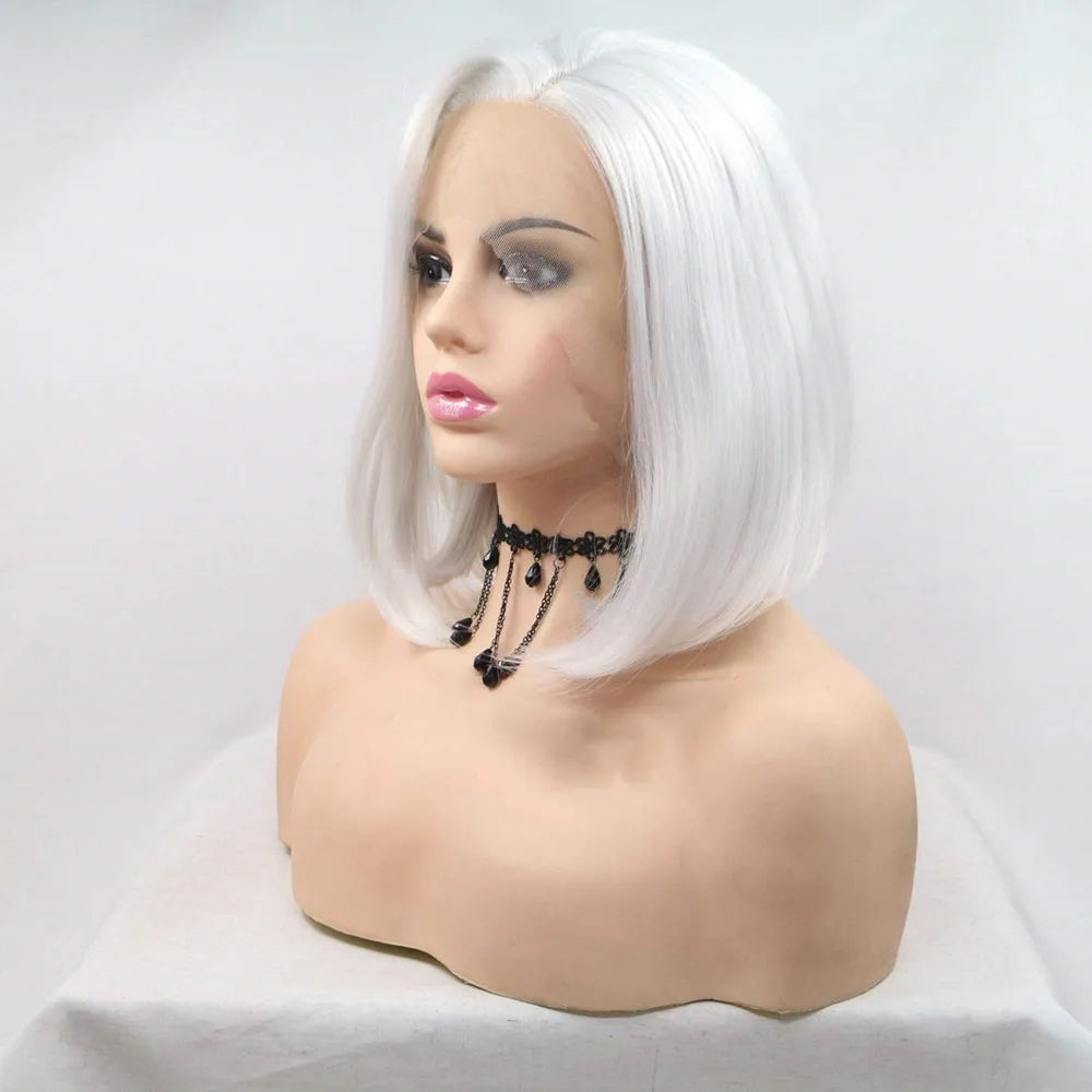 White Bob Synthetic Lace Front Wig Silver Platinum Blonde 14 Inch Side Part Heat Resistant Fiber Wig for Women