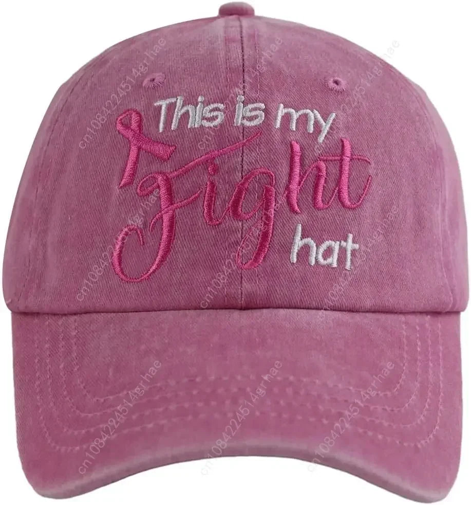 This is My Fight Hat, Distressed Cotton Adjustable Embroidered Pink Ribbon Breast Cancer Baseball Cap