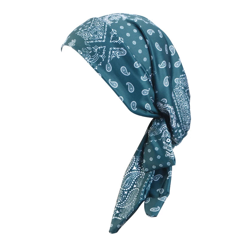 Cap Elastic Print Flower Pre-Tied Long Tail Headscarf Wrap Chemo Bonnet or Band