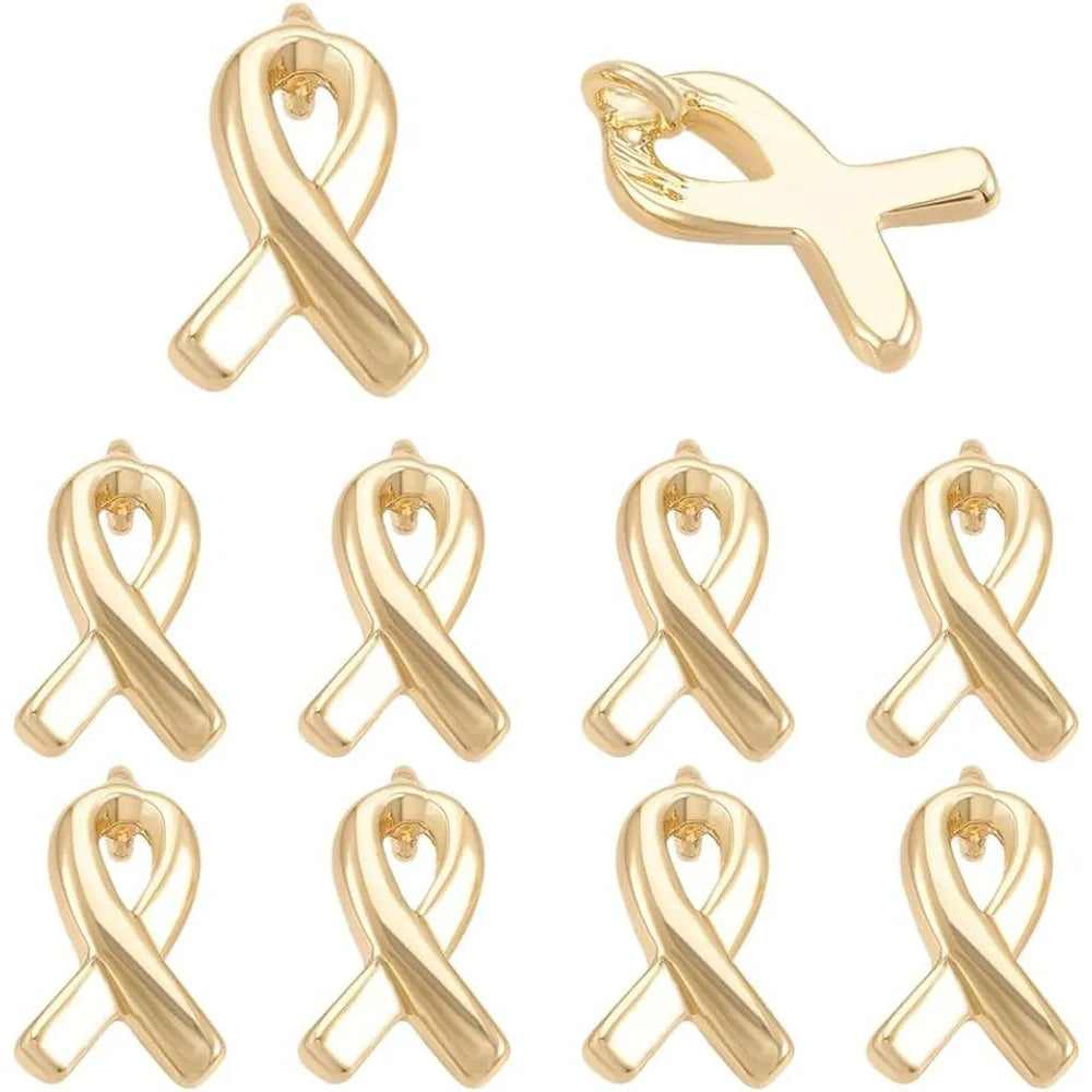 10pcs CHARM to put on necklace; Gold Plated Awareness Ribbon Charms Breast Cancer Brass Hope Awareness Pendant Charms with Loop