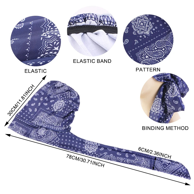 Cap Elastic Print Flower Pre-Tied Long Tail Headscarf Wrap Chemo Bonnet or Band