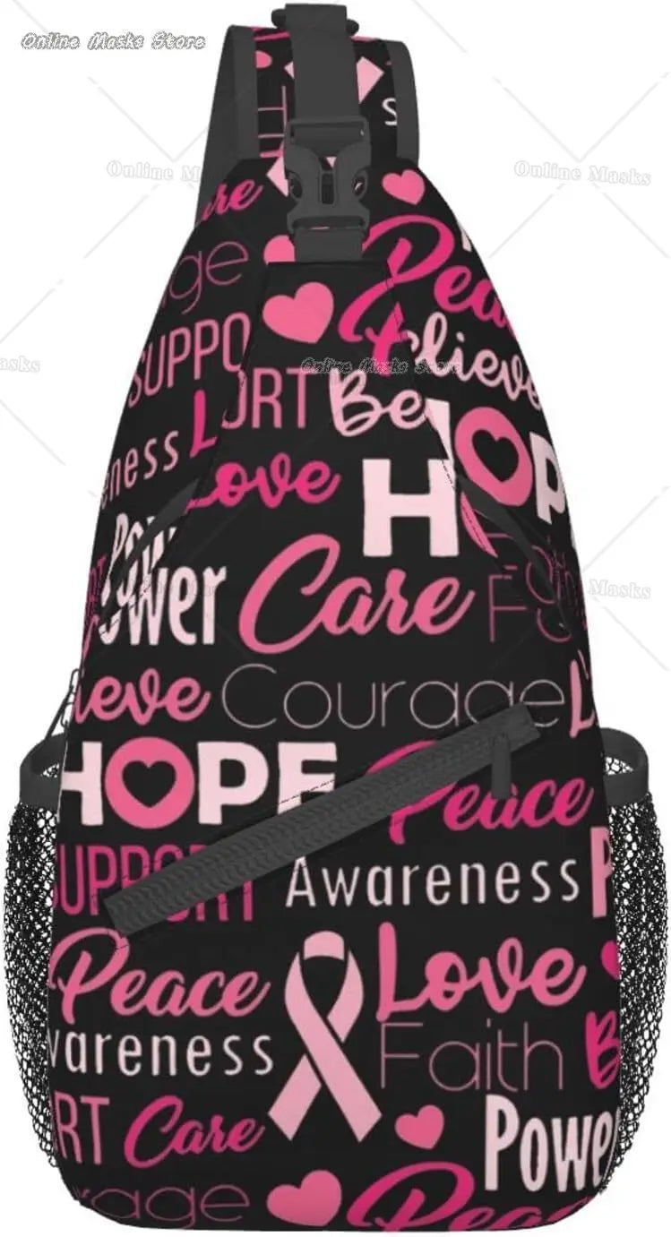 Breast Cancer Pink Awareness Ribbon Sling Bag for Women Girls Shoulder Backpack Chest Bags Crossbody Daypack for Hiking Camping