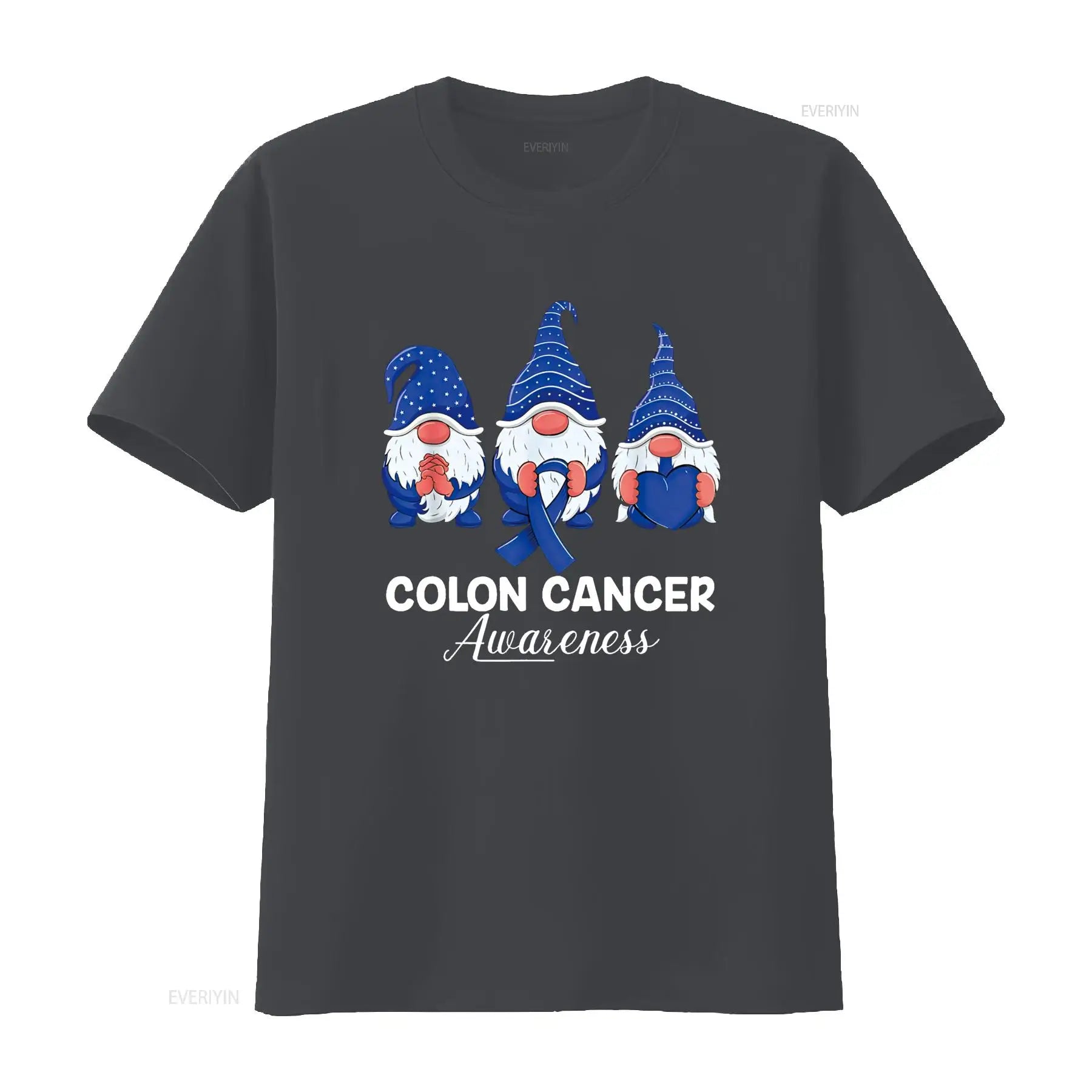 Colon Cancer Support gnomes with ribbon; Colorectal Awareness T Shirt vintage Washed Stretched graphic Top For Everyday Wear