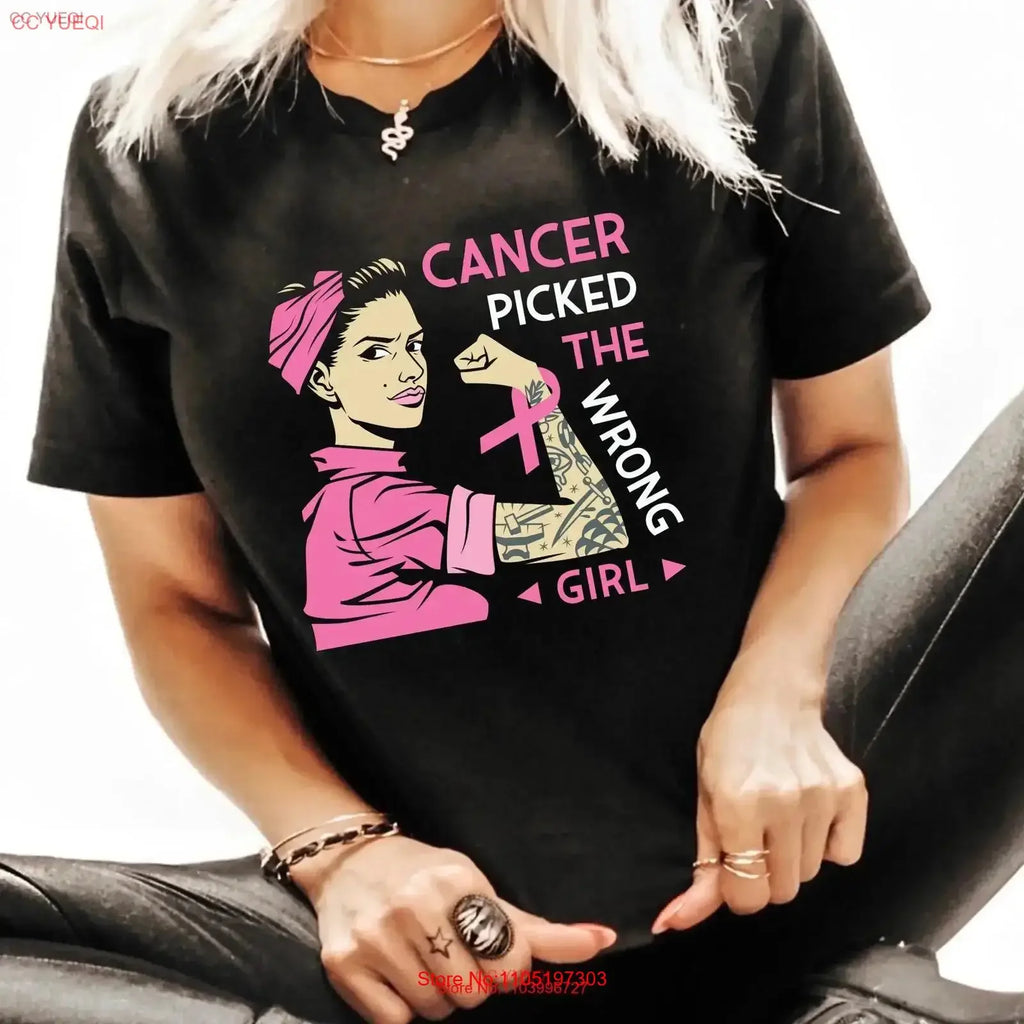 Breast Cancer Fighter T Shirt Rosie The Riveter In Pink Picked Wrong Girl Awareness Supporter Survivor For Mom Sister Wife