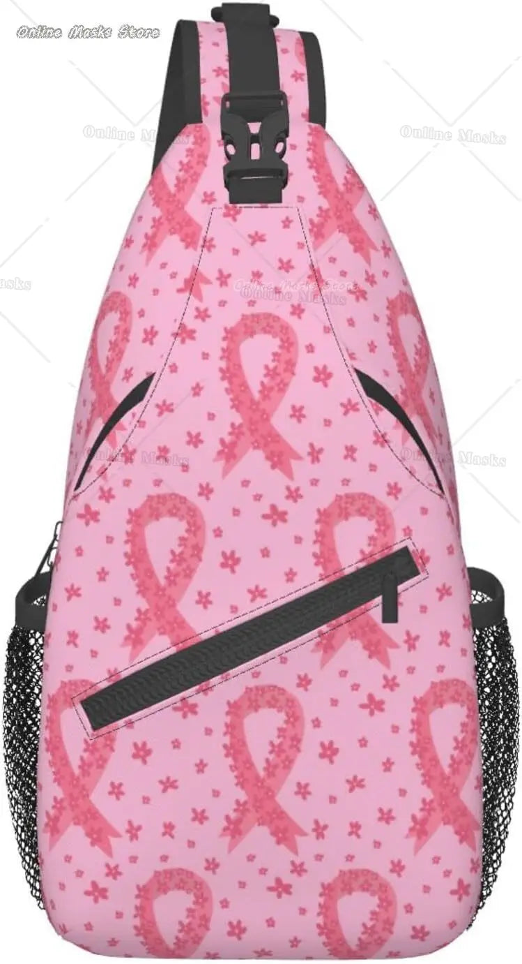 Breast Cancer Pink Awareness Ribbon Sling Bag for Women Girls Shoulder Backpack Chest Bags Crossbody Daypack for Hiking Camping