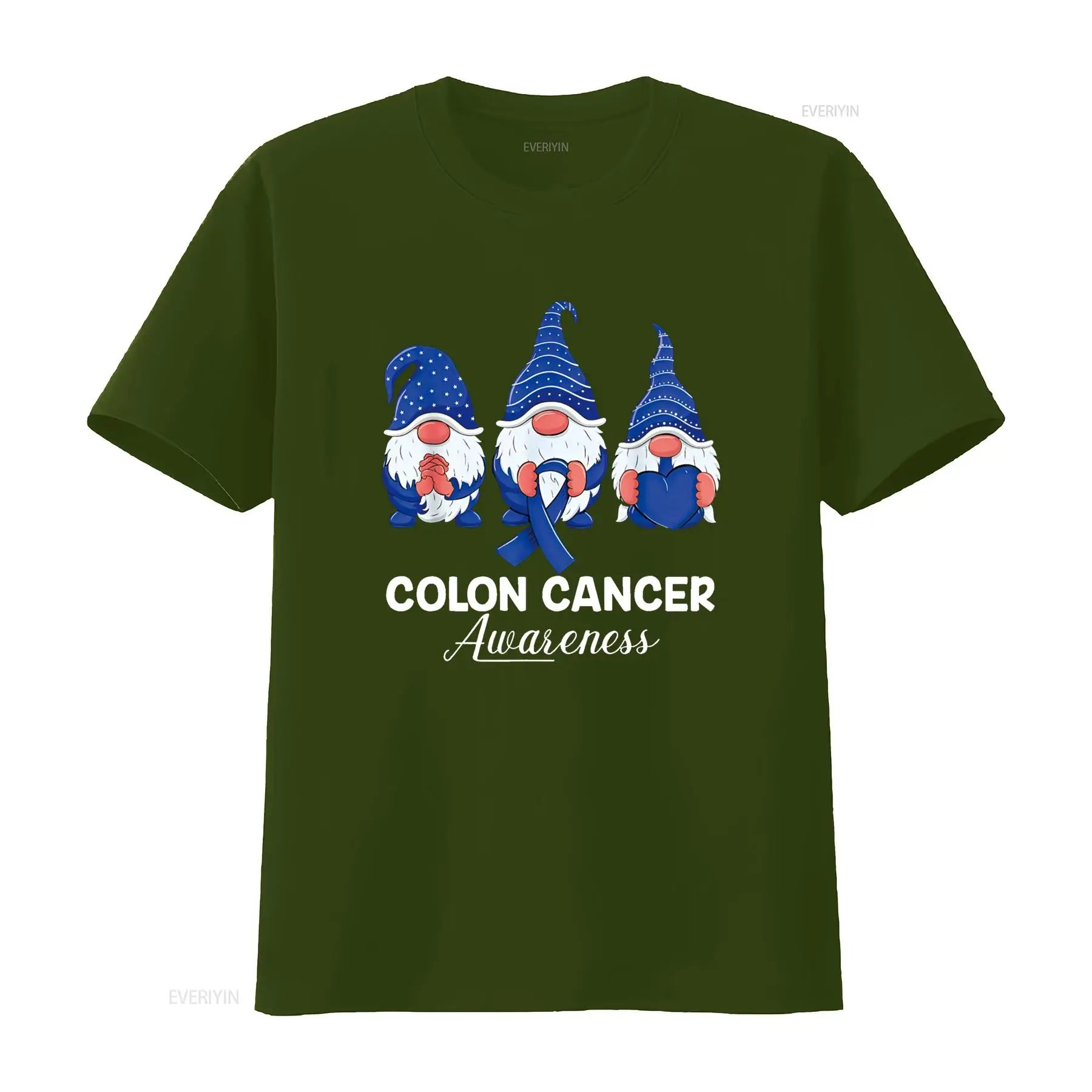 Colon Cancer Support gnomes with ribbon; Colorectal Awareness T Shirt vintage Washed Stretched graphic Top For Everyday Wear