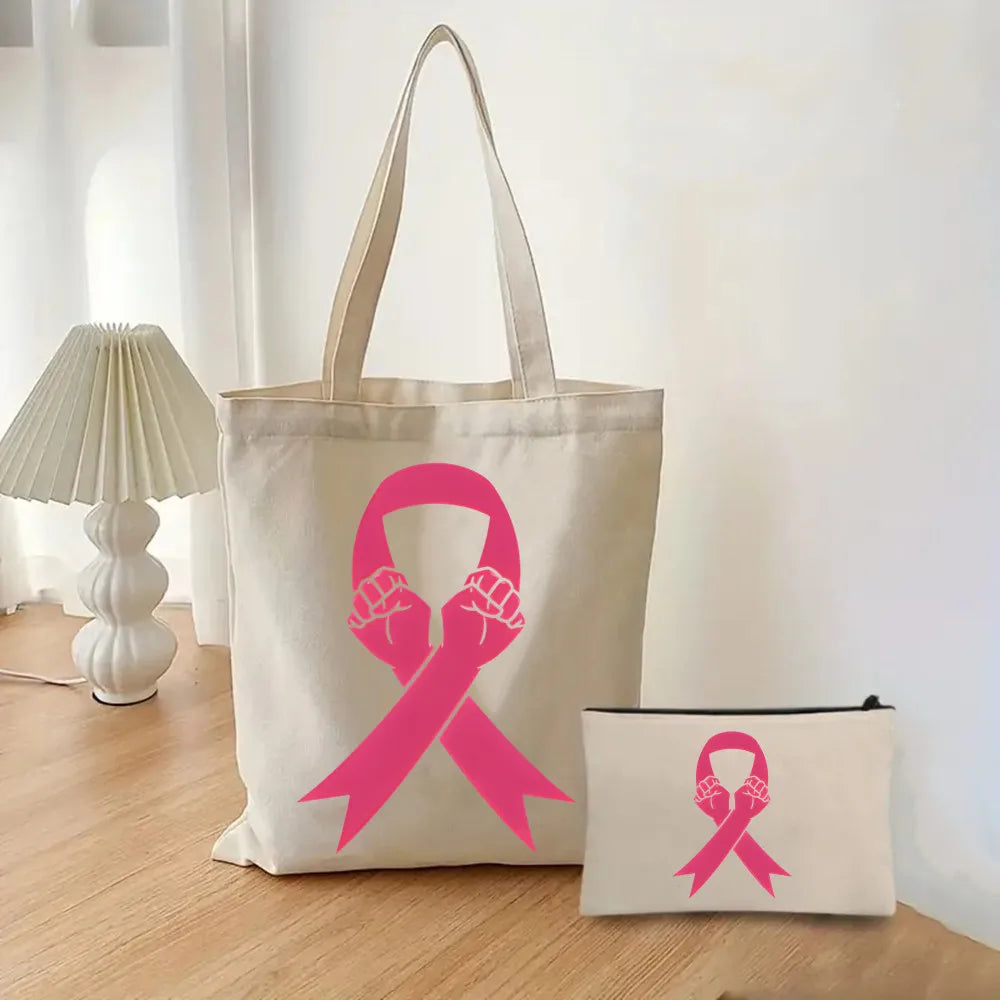 October Pink Breast Cancer Awareness Pattern Bag Set, Lightweight Large Capacity Tote Bag, Party Gift Handbag for Girls
